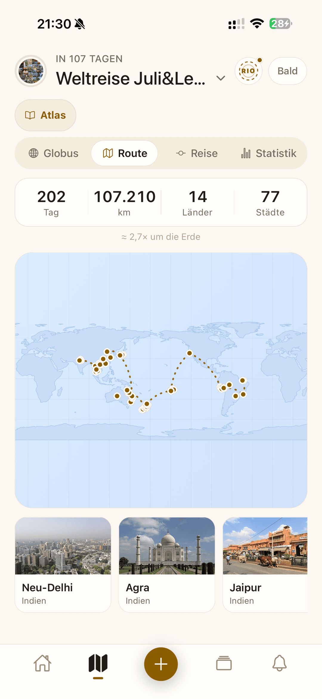 Plannario Plan, Atlas-Ansicht der Weltreise, für die die App gebaut wurde: Weltkarte mit Route — 202 Tage, 107.210 km, 14 Länder, 77 Städte.