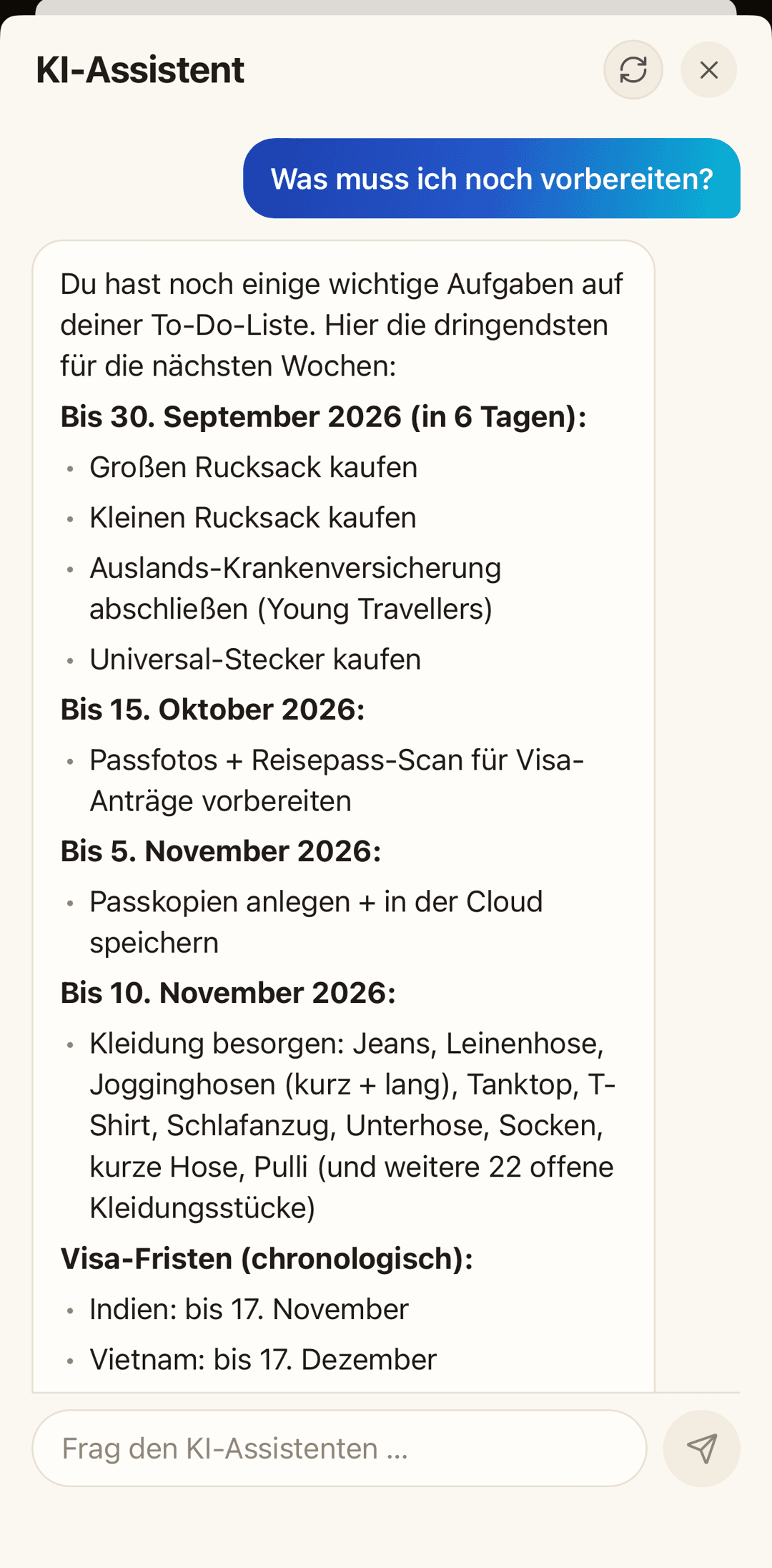 Rio, der KI-Assistent von Plannario, beantwortet „Was muss ich noch vorbereiten?“ mit den Visa-Fristen, offenen Checklisten-Punkten und Terminen der eigenen Reise.