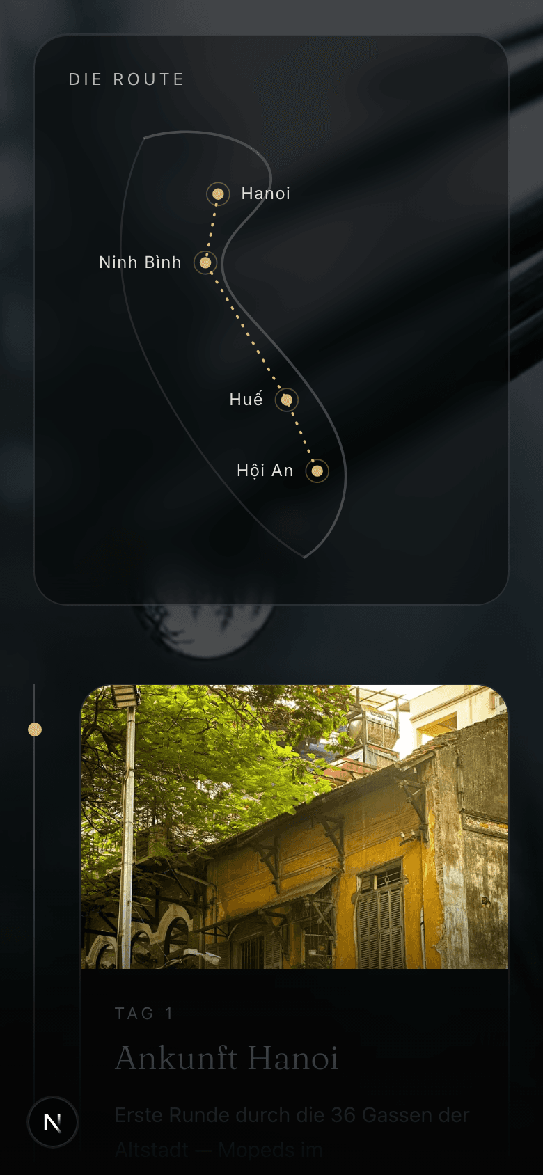 Die geteilte Vietnam-Reise als mobile Webseite: stilisierte Routen-Karte Hanoi–Hội An und Foto-Tageskarte aus der Altstadt von Hanoi.