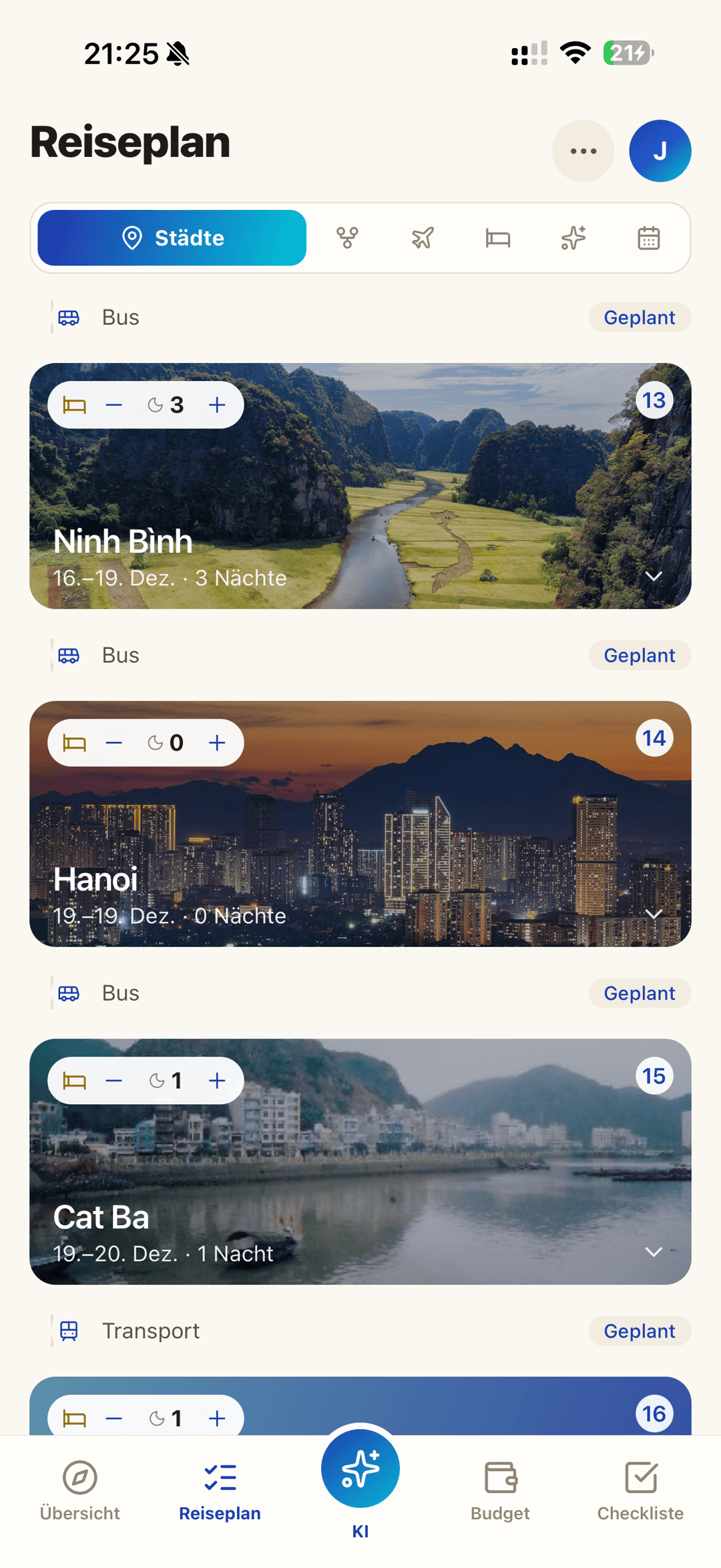 Plannario Plan, Reiseplan im Dunkelmodus: Städte-Karten für Ninh Bình, Hanoi und Cat Ba mit Nächten, Daten und Bus-Verbindungen.