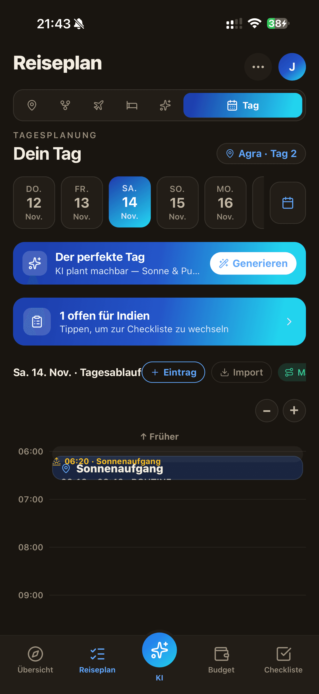 Plannario Plan, KI-Tagesplanung im Dunkelmodus: „Der perfekte Tag“ mit Wochenkalender, Zeitachse ab Sonnenaufgang und offenen Aufgaben.